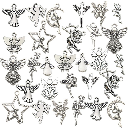 32Pcs 32 Styles Fairy Angel Tibetan Style Zinc Alloy Pendants PW-WG01E57-01-1