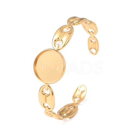 304 Stainless Steel Coffee Bean Chain Cuff Bracelet Blanks with Flat Round Bezel Settings SA-CBA4160-02B-G-1