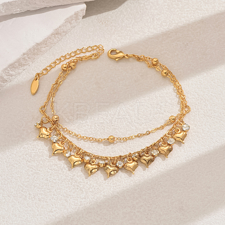 Fashionable Vintage Beach Style Brass Cubic Zirconia Double Layer Tassel Heart Adjustable Ladies Anklets ED6281-4-1