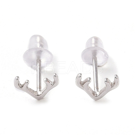 Anti-Tarnish Rhodium Plated Antler Shape 999 Fine Silver Stud Earrings for Women LS-EJEW-S215-07P-1