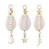 3Pcs 3 Styles Natural Cowrie Shell  Copper Wire Wrapped Glass Pearl Pendants PALLOY-JF03503-1