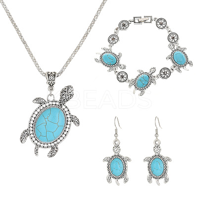 Tortoise Synthetic Turquoise Pendant Necklacres & Link Bracelets & Dangle Earring Sets FS-WG4B145-01-1