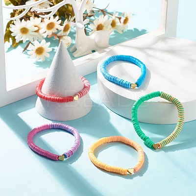 Polymer Clay Heishi Surfer Stretch Bracelet with Brass Heart BJEW-JB07850-1