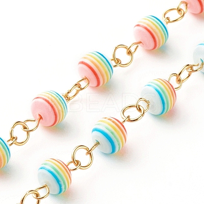 1 Strand Handmade Resin Stripe Pattern Round Beads Link Chains AJEW-SZ0002-01A-1
