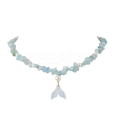 Natural Aquamarine Chip & Imitaton Round Pearl Beaded Adjustable Necklaces NJEW-JN05227-05-1