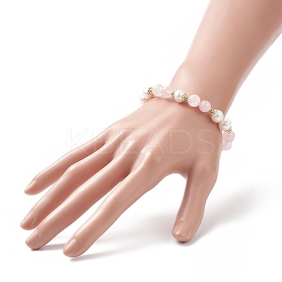 Natural Rose Quartz & Pearl Round Beaded Stretch Bracelet for Women BJEW-JB09246-03-1