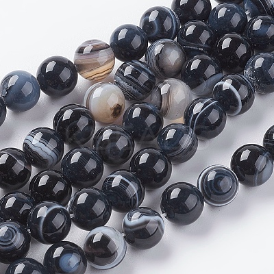 Round Dyed & Heated Natural Black Agate Beads Strands G-G582-8mm-07-1
