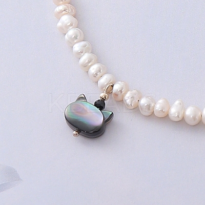Cute Cat Head Pendant Silver Black Tourmaline Freshwater Pearl Necklace MQ9984-1
