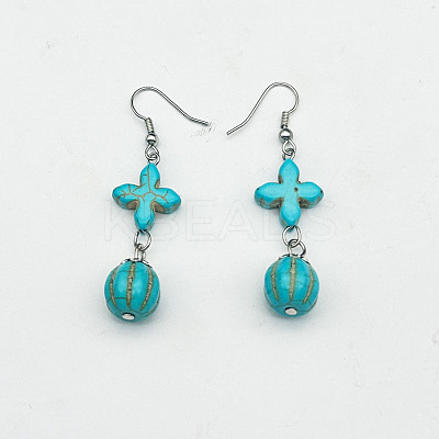 Cross & Round Ball Synthetic Turquoise & Alloy Dangle Earrings WG2299-8-1
