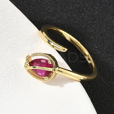 Flower Brass Micro Pave Cubic Zirconia Cuff Rings for Women RJEW-A069-05G-02-1