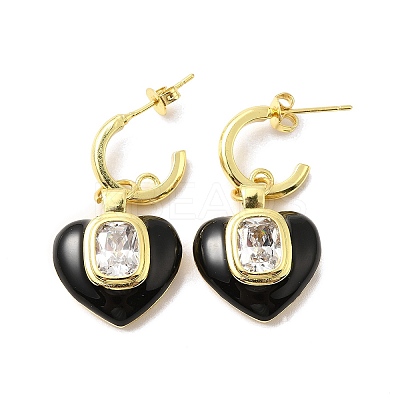 Enamel Heart Dangle Stud Earrings with Clear Cubic Zirconia EJEW-G327-07G-1