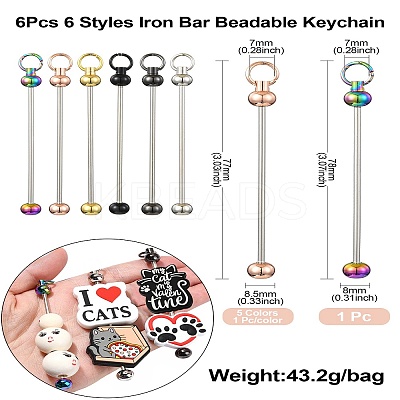 6Pcs 6 Styles Iron Bar Beadable Keychain for Jewelry Making DIY Crafts IFIN-CJ0002-37-1