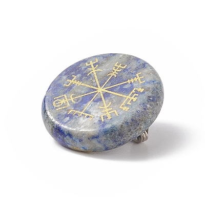 Natural Gemstone Flat Round with Norse Paganism Pattern Brooch Pin JEWB-BR00087-1