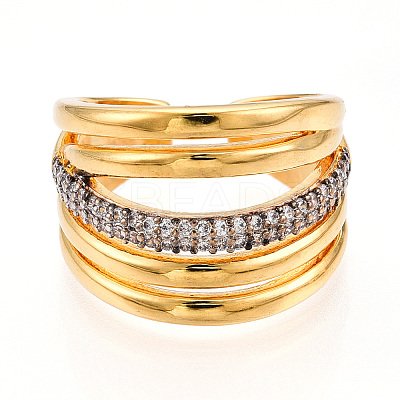 Brass Micro Pave Clear Cubic Zirconia Cuff Rings for Women KK-T074-09G-1