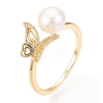 Natural Pearl Open Cuff Ring Micro Pave Clear Cubic Zirconia PEAR-N022-C06-1