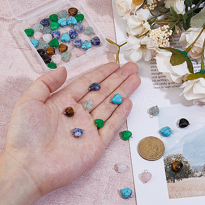 48Pcs 6 Styles Natural Rose Quartz & Blue Spot Jasper & Amethyst & Tiger Eye & Fluorite & Malaysia Jade Heart Charms with Platinum Tone Brass Loops PALLOY-DC00014-1