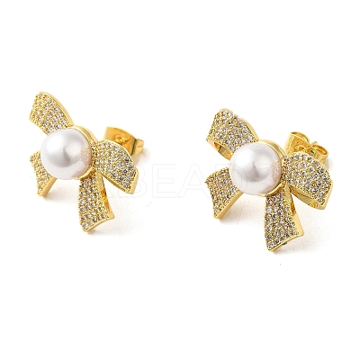 Bowknot Brass Micro Pave Clear Cubic Zirconia Stud Earrings EJEW-A040-08G-1