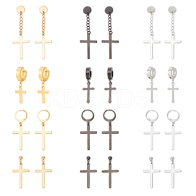 24Pcs 12 Style 304 Stainless Steel Cross Drop Earrings EJEW-AN0003-52-1