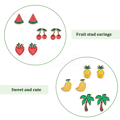 6 Pair 6 Style Watermelon & Cherry & Banana & Tree Enamel Stud Earrings Set EJEW-AN0001-34-1