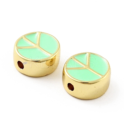 Flat Round with Peace Sign Brass Enamel Beads KK-G419-05G-01-1