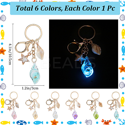 6Pcs 6 Colors Luminous Acrylic Conch Starfish Pendants Keychain AJEW-SP0001-42-1