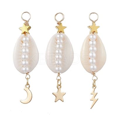 3Pcs 3 Styles Natural Cowrie Shell  Copper Wire Wrapped Glass Pearl Pendants PALLOY-JF03503-1