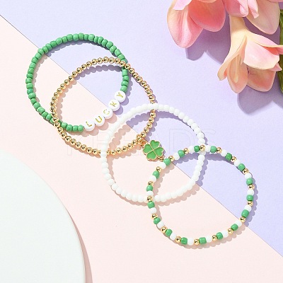 4Pcs 4 Style Word Lucky Acrylic & Glass Seed & Brass Beaded Stretch Bracelets Set BJEW-TA00312-1