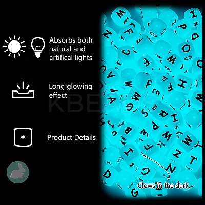 20Pcs Luminous Cube Letter Silicone Beads 12x12x12mm Square Dice Alphabet Beads with 2mm Hole Spacer Loose Letter Beads for Bracelet Necklace Jewelry Making JX437R-1