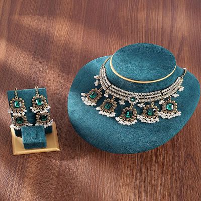 Rectangle Alloy Glass Choker Necklace & Earrings Sets for Women FS-WG507E8-03-1