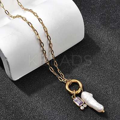 Natural Keshi Pearl Stick & Rectangle Purple Glass Pendant 304 Stainless Steel Paperclip hain Necklaces for Women NJEW-K255-54G-1