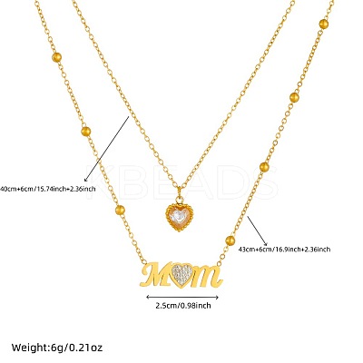 304 Stainless Steel Pave Clear Cubic Zirconia Mom Heart Pendant Double Layer Necklaces for Mother's Day WG85AFE-01-1