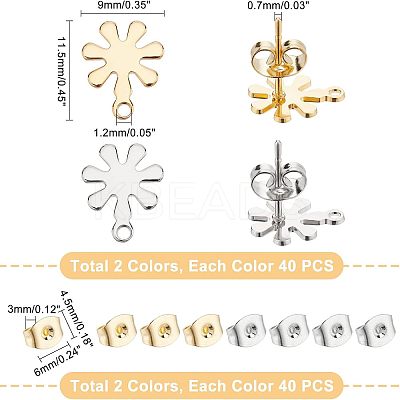 80Pcs 2 Colors 201 Stainless Steel Stud Earrings Findings with 304 Stainless Steel Pin and Loop STAS-UN0035-57-1