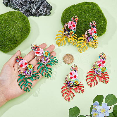 3 Pairs 3 Colors Flower & Leaf Rhinestone Dangle Stud Earrings EJEW-FI0003-21-1