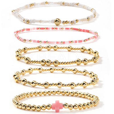 5Pcs 5 Styles Brass & Plastic & Glass Beads Stretch Bracelets LY1914-1-1