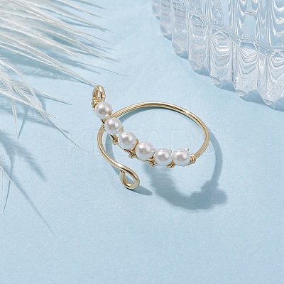 Copper Wire Wrapped Natural Cultured Freshwater Pearl Open Ring RJEW-JR00633-1