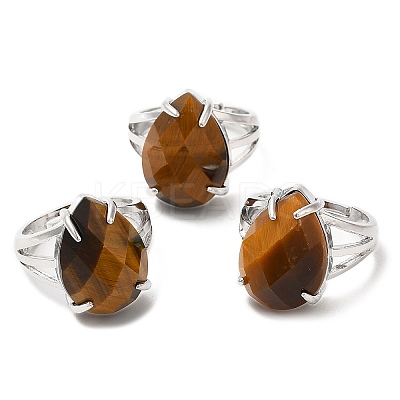 Natural Tiger Eye Teardrop Adjustable Rings RJEW-K241-03P-12-1