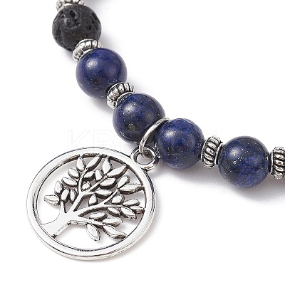 Natural Lava Rock & Natural Lapis Lazuli Gemstone Round Beaded Stretch Bracelet BJEW-JB09767-02-1