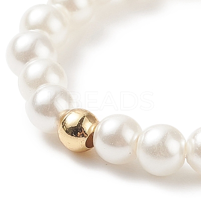 Shell Pearl & Brass Heart Beaded Stretch Rings for Women RJEW-TA00056-1