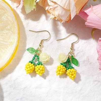 Flower with Cherry 304 Stainless Steel Glass Seed Beads Dangle Earrings EJEW-MZ00419-04-1