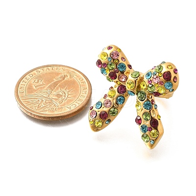 Bowknot 304 Stainless Steel Rhinestone Cuff Rings for Women RJEW-A058-01C-G-1