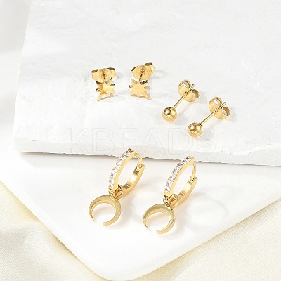 304 Stainless Steel Rhinestone Moon & Star & Round Earring Sets EJEW-Z098-22G-1