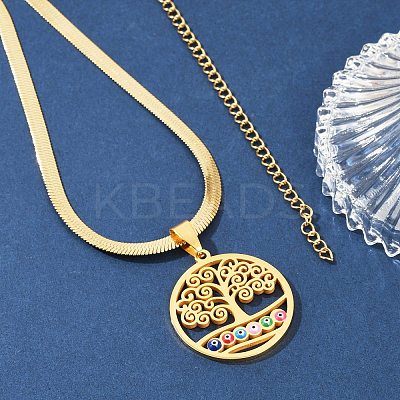 Tree of Life & Evil Eye 201 Stainless Steel Herringbone Chains Pendant Necklaces NJEW-K253-34G-1