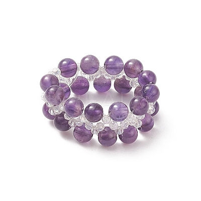 Natural Amethyst & Glass Braided Beaded Stretch Ring for Women RJEW-JR00546-02-1