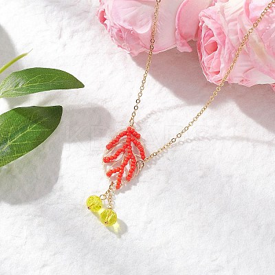 Handmade Glass Seed Beaded Leaf Shape Pendant Brass Cable Chain Necklaces for Women NJEW-MZ00127-02-1