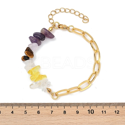 Nature Amethyst & Quartz Crystal & Yellow Quartz & Tiger Eye Chip Link Bracelets BJEW-V003-02G-1