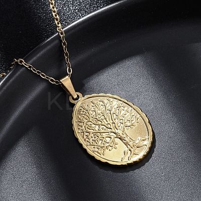 Oval Tree of Life 304 Stainless Steel Pendant Necklaces NJEW-M096-10G-1