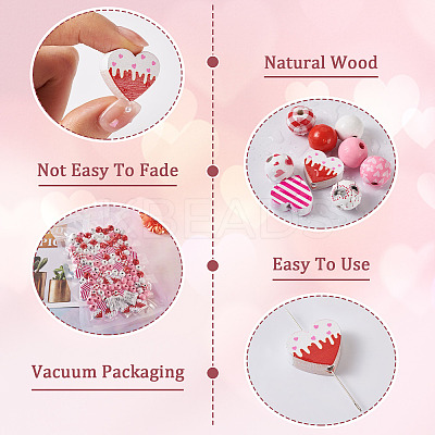 120Pcs 9 Styles Valentine's Day Painted Natural Wood Beads WOOD-KS0001-20-1
