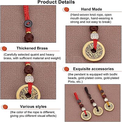 3Pcs 3 Style Brass Lucky Coins Five Emperor Money Feng Shui Coins Pendant AJEW-FH0002-29-1