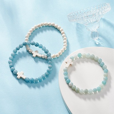 3Pcs 3 Style Natural Blue Quartz & Grade A Amazonite & Turquoise Cross Beaded Stretch Bracelets Set BJEW-JB09408-1