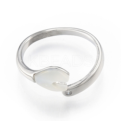 Natural Shell Heart Open Cuff Ring with Clear Cubic Zirconia RJEW-N039-09P-1